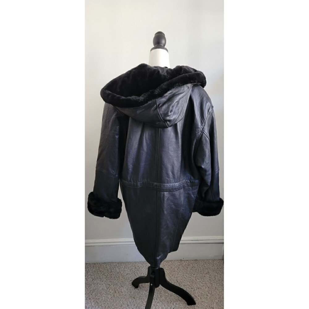 Rare Vintage Genuine Leather Fur Black Belted Hood Coat Jacket Women Size L - Picture 4 of 14